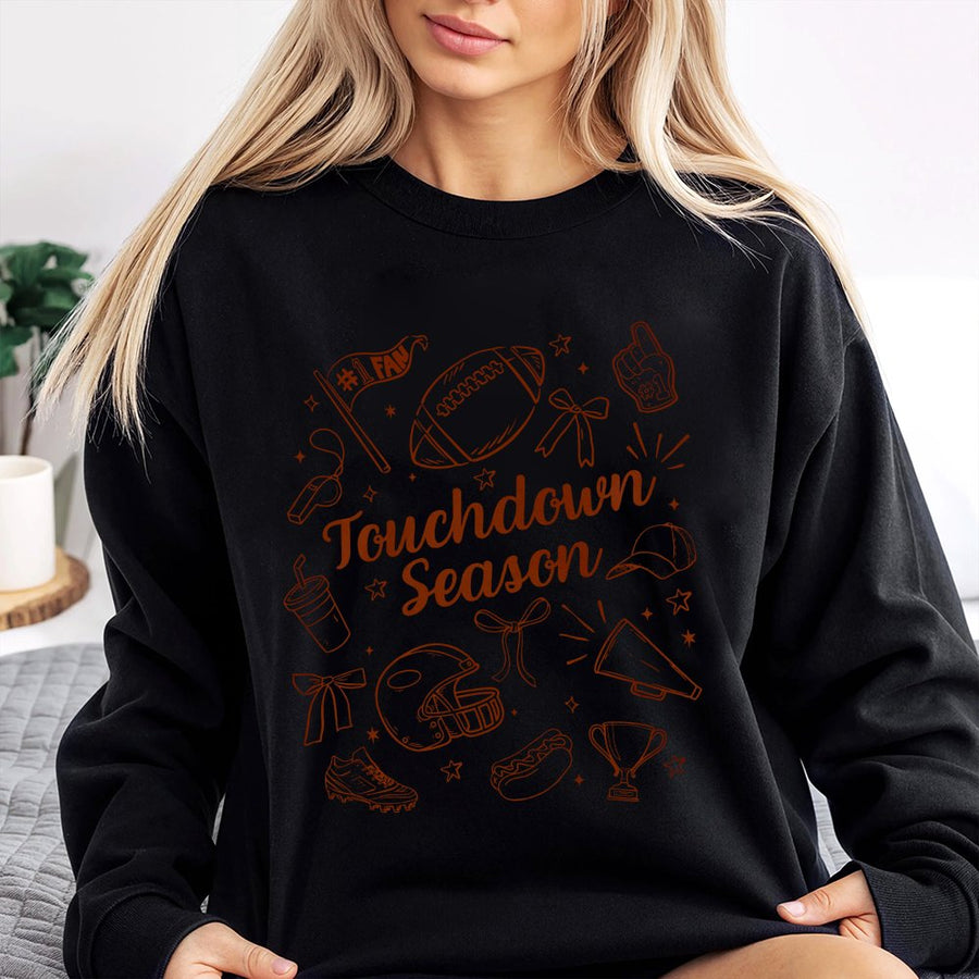 Touchdown Season Football Sweatshirt | Coquette Bow Doodle Aesthetic | Premium Cotton Blend | Girly Game Day Outfit For Football Fans