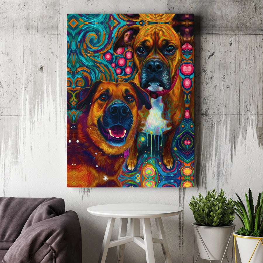 Dog Wall Art Canvas | Psychedelic German Shepherd and Boxer Portrait | Premium Gallery Wrap 1.25 inch | Colorful Pet Lover Home Decor Gift