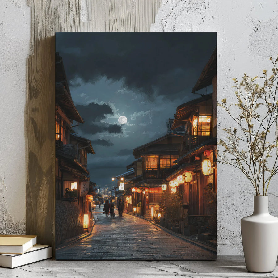 Japanese Street Canvas Wall Art | Nighttime Lantern Alley View | Premium Gallery Wrap | Zen Home Decor Gift for Travelers