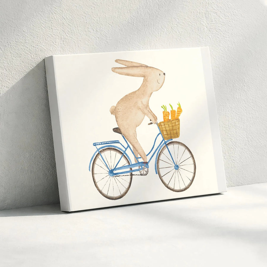 Bunny Rabbit on Bicycle Canvas Wall Art | Whimsical Watercolor Animal Print | Premium Thick Gallery Wrap | Kids Room Decor & Nursery Gift