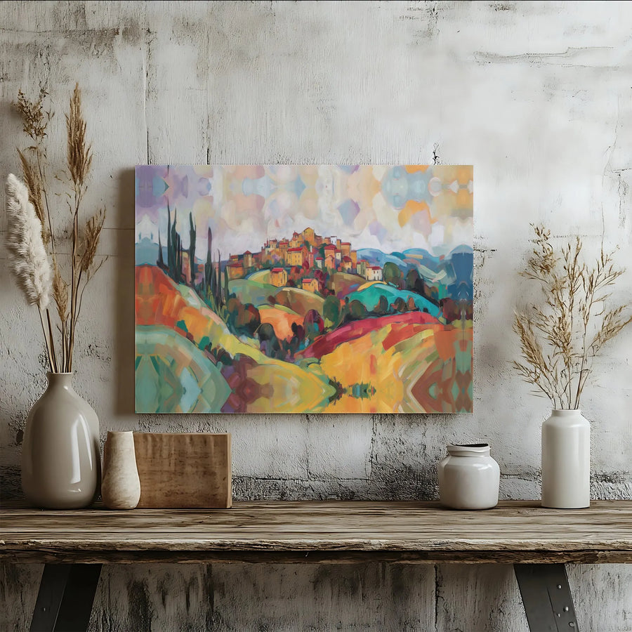 Abstract Tuscan Village Canvas Wall Art | Colorful Italian Landscape Painting | Gallery Quality Stretched Canvas | Modern Home Decor Gift