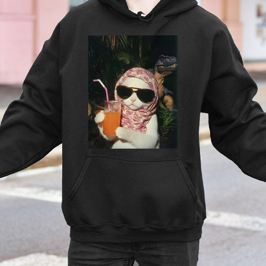 Chill Girl Cat Hoodie | Funny Dino Meme Graphic Sweatshirt | Premium Cotton-Blend Pullover | Trendy Gift for Cat Lovers and Gen Z Humor Fans