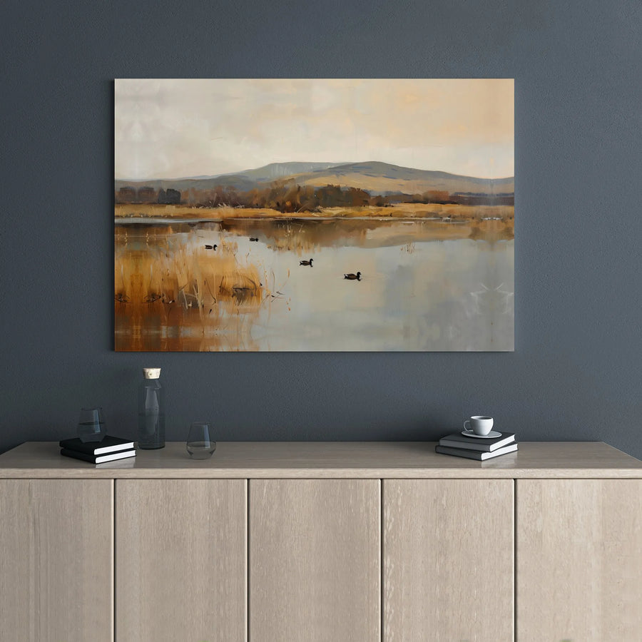 Lake Landscape Canvas Wall Art | Peaceful Duck Pond Painting | Gallery Wrapped 1.25" Premium Print | Nature Inspired Home Decor for Living Room