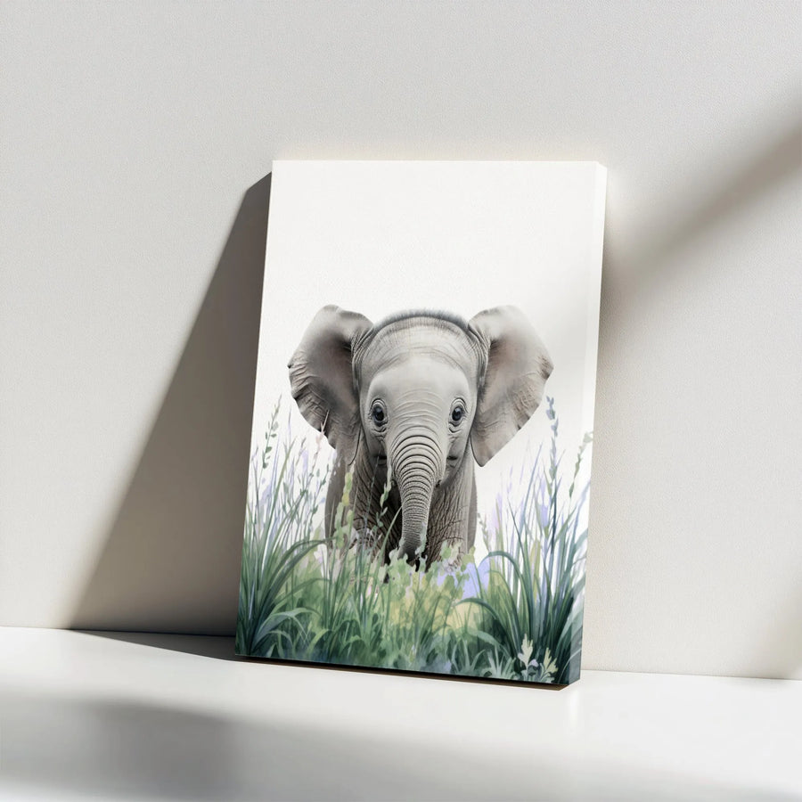 Baby Elephant Canvas Print | Watercolor Wildflower Nursery Wall Art | Premium Gallery Wrapped Decor | Cute Animal Wildlife Gift for Kids