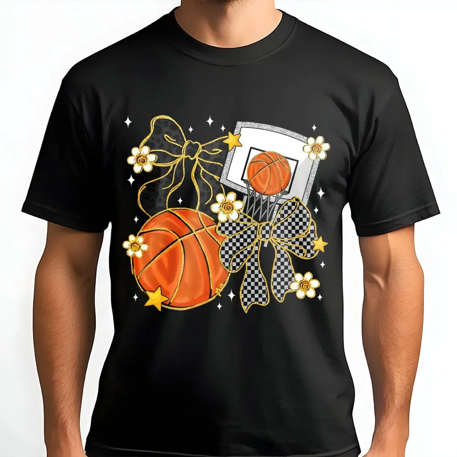 Basketball Coquette Bow T-Shirt | Leopard Print Bow & Hoop Design | Premium Soft Cotton Tee | Cute Game Day Gift for Basketball Mom & Girls