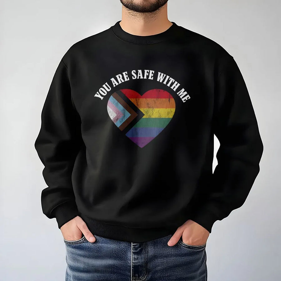 You Are Safe With Me Sweatshirt | LGBTQ Pride Rainbow Heart Design | Premium Cotton Blend Crewneck | Inclusive Gift For Activist Allies