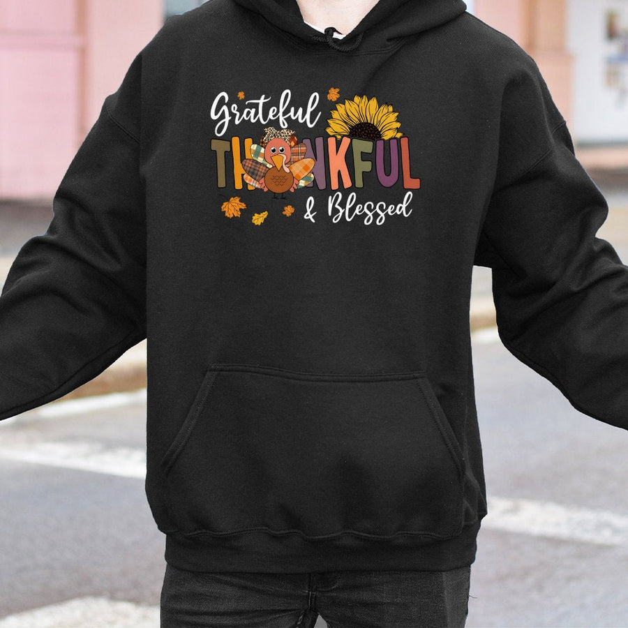 Grateful Thankful Blessed Hoodie | Cute Fall Turkey Graphic | Premium Cotton Blend Unisex Sweatshirt | Thanksgiving Gift for Women & Families