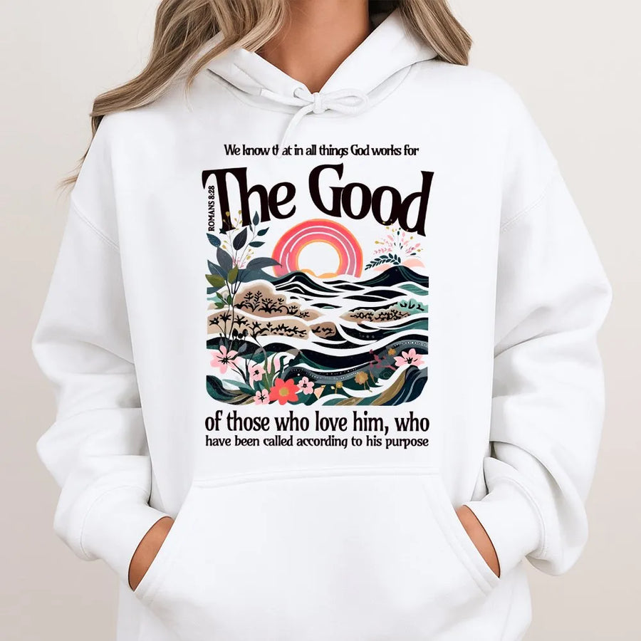 Romans 8 28 Hoodie | Inspirational Bible Verse Graphic Sweatshirt | Premium Cotton Blend | Christian Faith Apparel Gift
