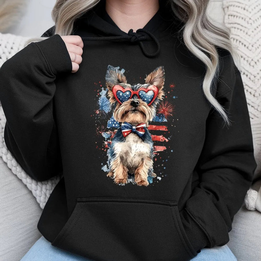 Patriotic Yorkie Hoodie | Watercolor American Flag Graphic | Premium Cotton Blend | 4th of July Gift for Dog Lover