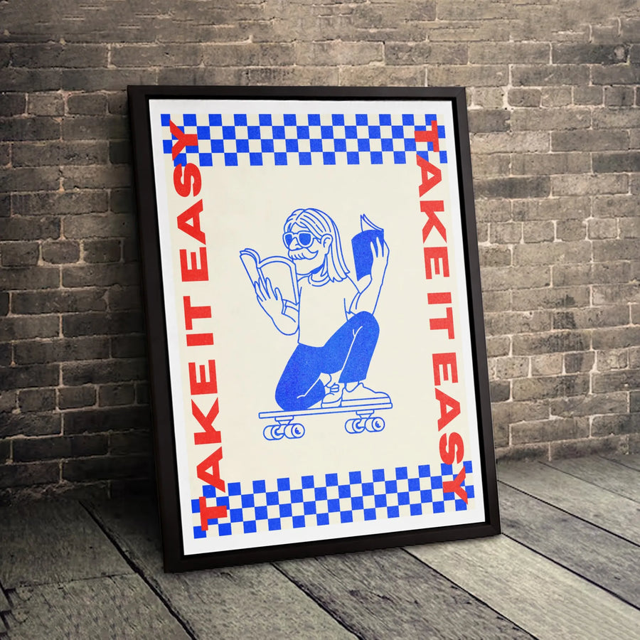 Take It Easy Canvas Wall Art | Retro Skater Reading Book Print | Gallery-Quality 1.25" Profile | Modern Aesthetic Decor for Book Lovers