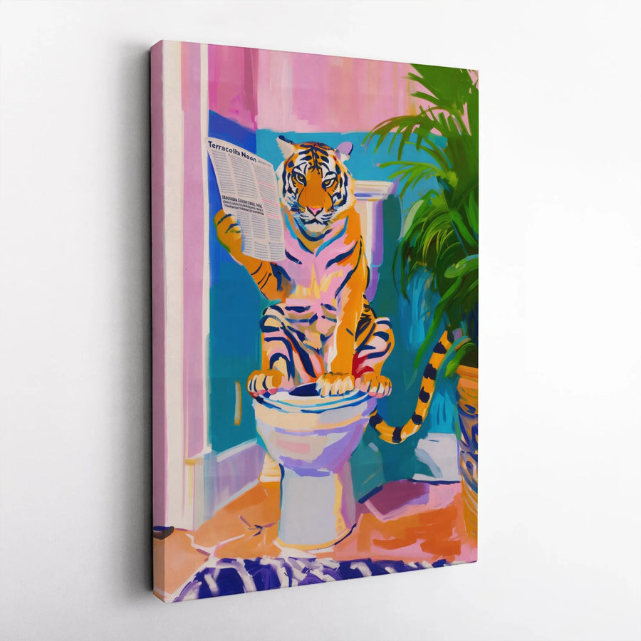 Tiger on Toilet Canvas Print | Colorful Pop Art Bathroom Decor | Premium Fade-Resistant Ink Wall Art | Unique Housewarming Gift