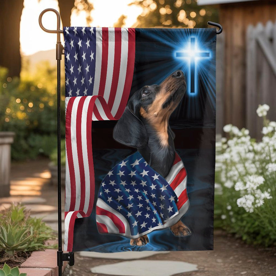 Dachshund Garden Flag | Patriotic American Flag & Cross Design | Premium Fade-Resistant Polyester | Memorial Day Yard Decor Gift
