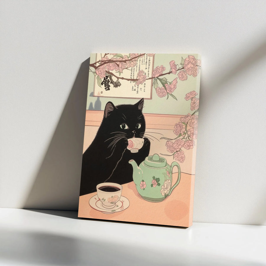 Japanese Ukiyo-E Black Cat Canvas Art | Cherry Blossom Tea Time Print | Premium Gallery Wrapped Wall Decor | Whimsical Cat Lover Gift Idea