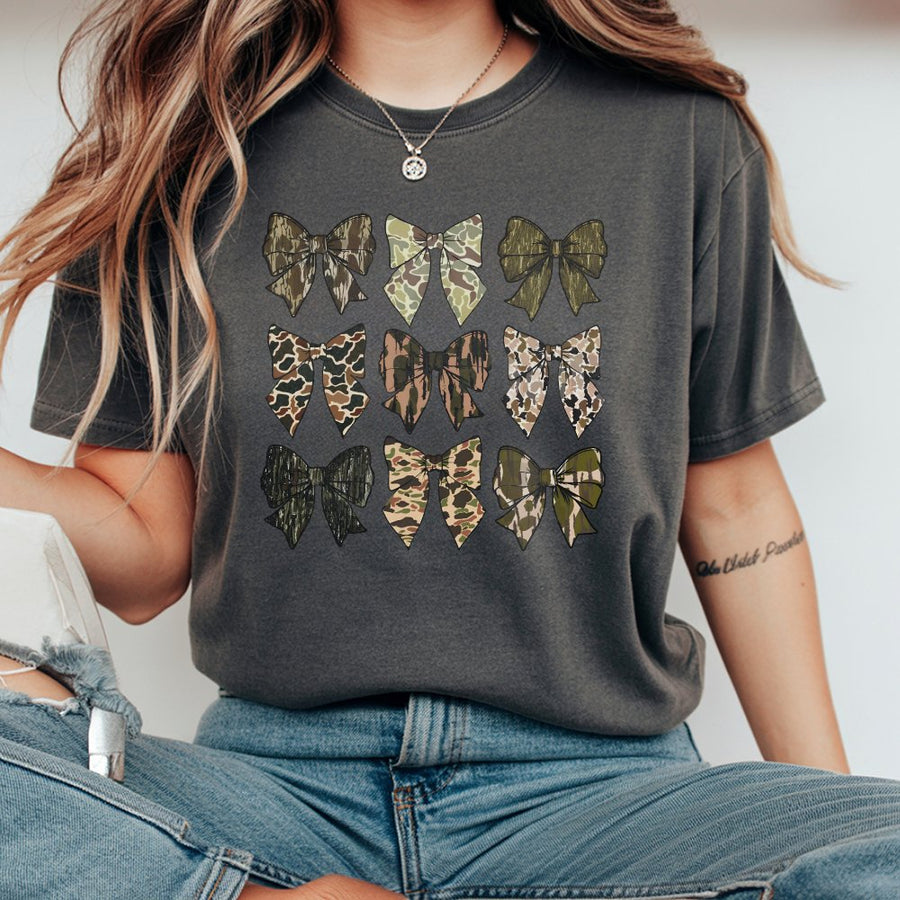 Camo Bow T-Shirt | Coquette Aesthetic Hunting Design | 100% Cotton Premium Tee | Trendy Gift for Women and Country Girls