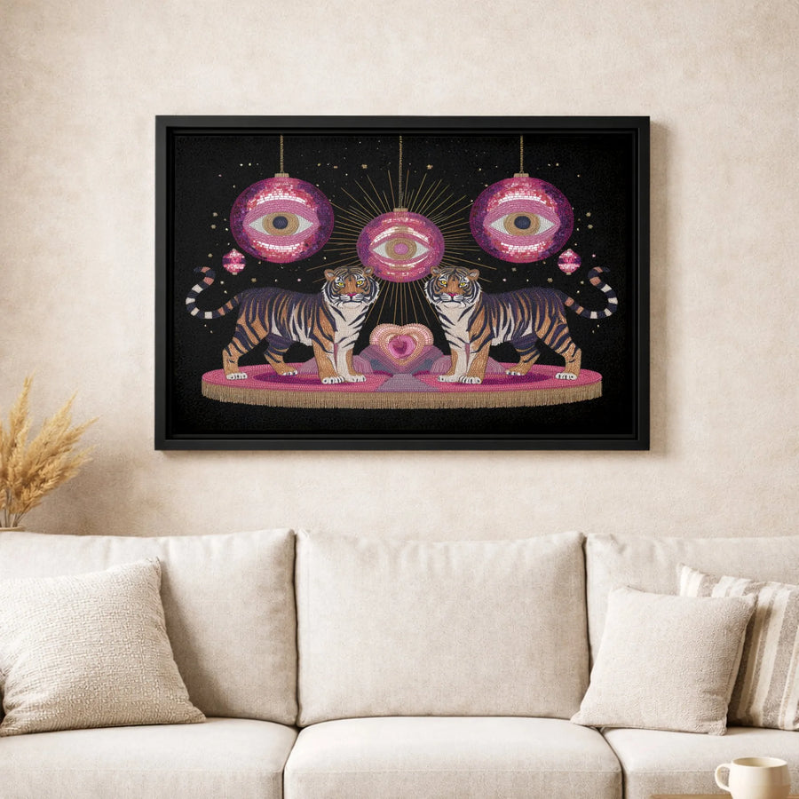 Tiger Wall Art Canvas | Surreal Evil Eye Disco Ball Print | Premium Gallery-Wrapped Decor | Unique Maximalist Home Gift