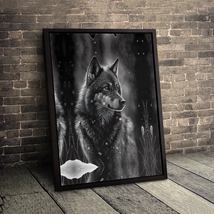 Black and White Wolf Wall Art | Snowy Forest Animal Portrait | Premium Gallery-Wrapped Canvas | Wildlife Home Decor Gift for Nature Lovers