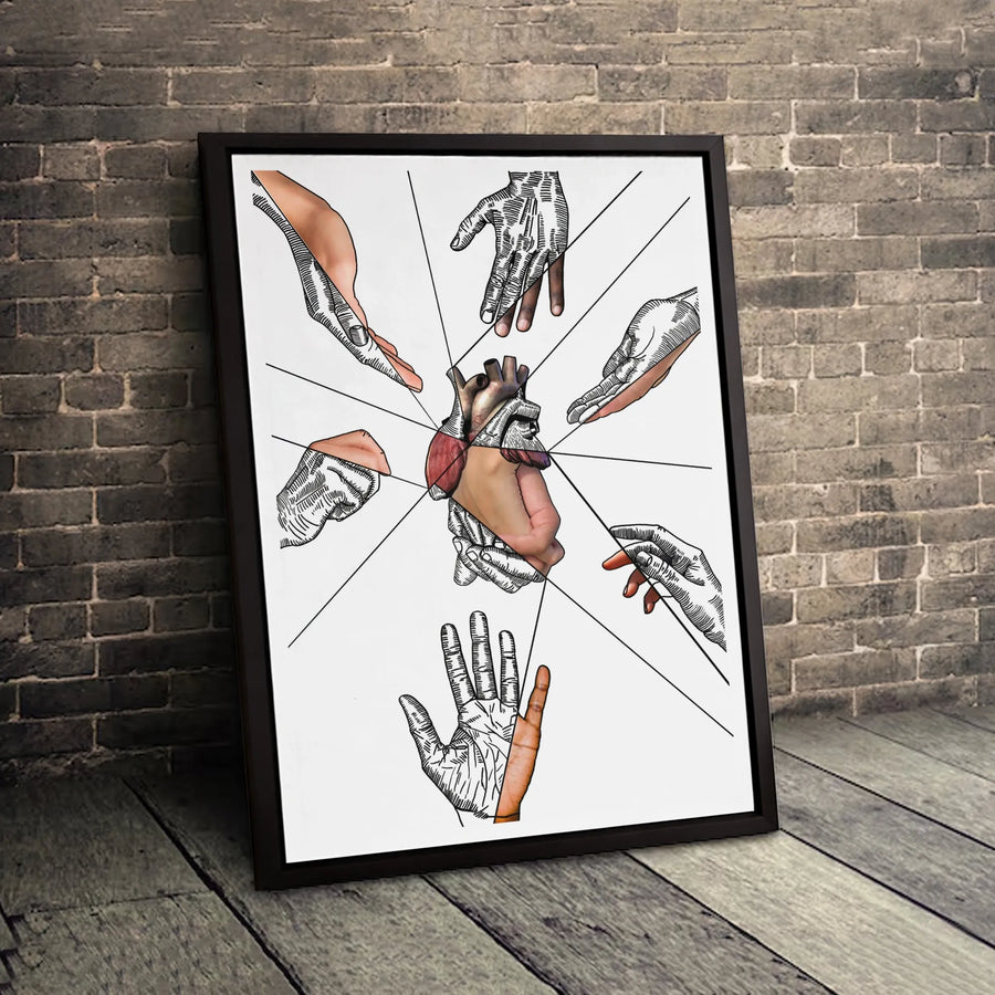Anatomical Heart Wall Art | Surreal Reaching Hands Canvas Print | Premium 1.25-Inch Gallery Wrap | Modern Home Decor for Living Room