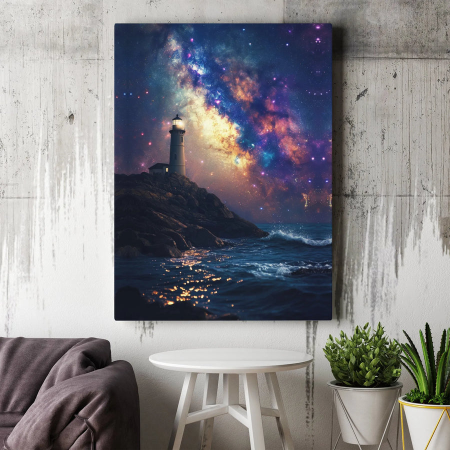 Lighthouse Canvas Wall Art | Cosmic Galaxy Night Sky Print | Premium Gallery Wrap Decor | Ready to Hang Coastal Home Gift