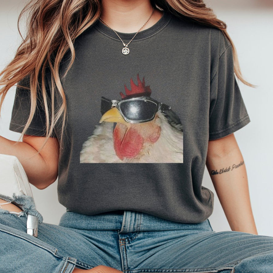 Funny Chicken T-Shirt | Cool Rooster Wearing Sunglasses Graphic | 100% Soft Cotton Tee | Humorous Animal Meme Gift for Men and Women