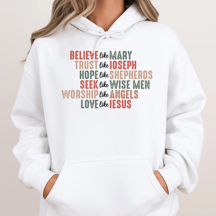 Believe Like Mary Christmas Hoodie | Retro Faith Based Typography Design | Premium Cotton-Poly Blend | Religious Gift for Christian Women and Men