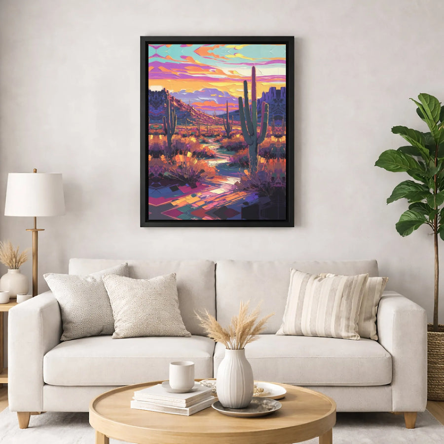 Desert Cactus Canvas Wall Art | Vibrant Southwestern Sunset Impressionist Painting | Premium Gallery Wrapped Decor | Modern Home Office Gift