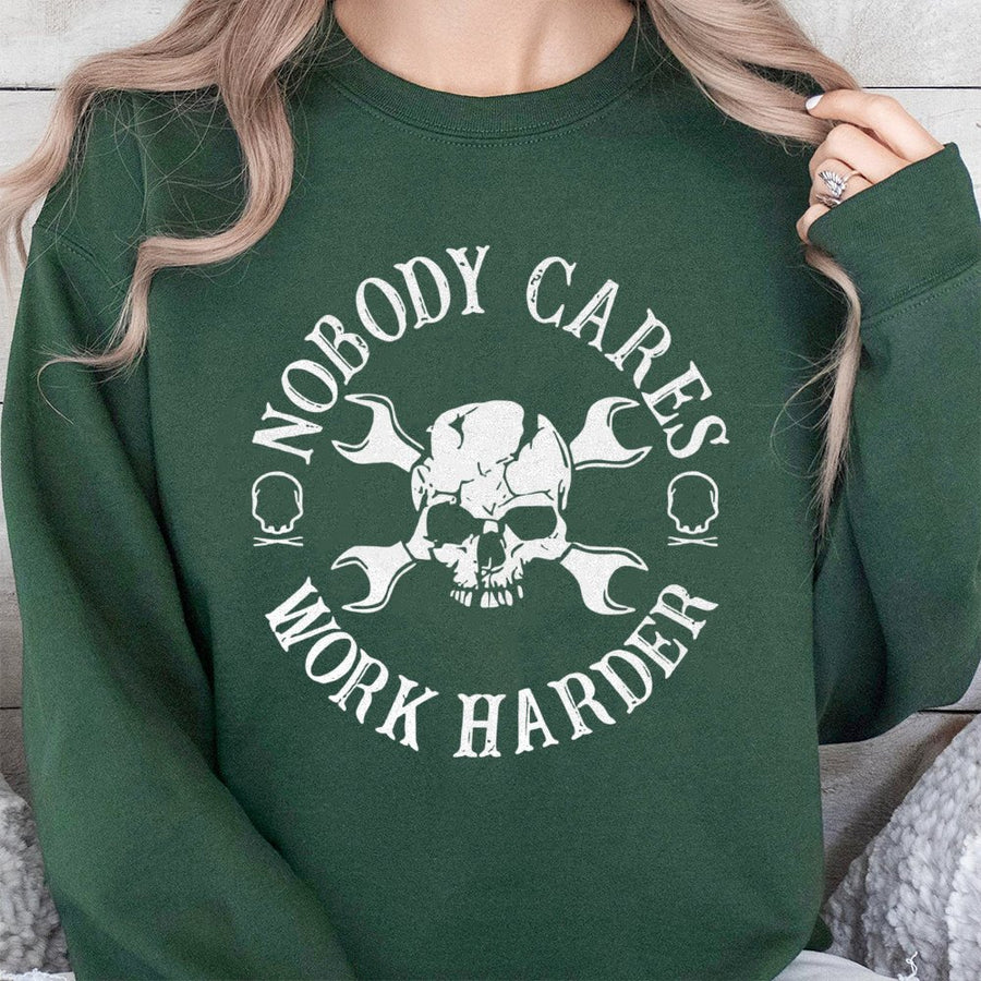 Nobody Cares Work Harder Sweatshirt | Motivational Skull Wrench Graphic | Premium Cotton Blend | Unisex Gym & Mechanic Apparel Gift
