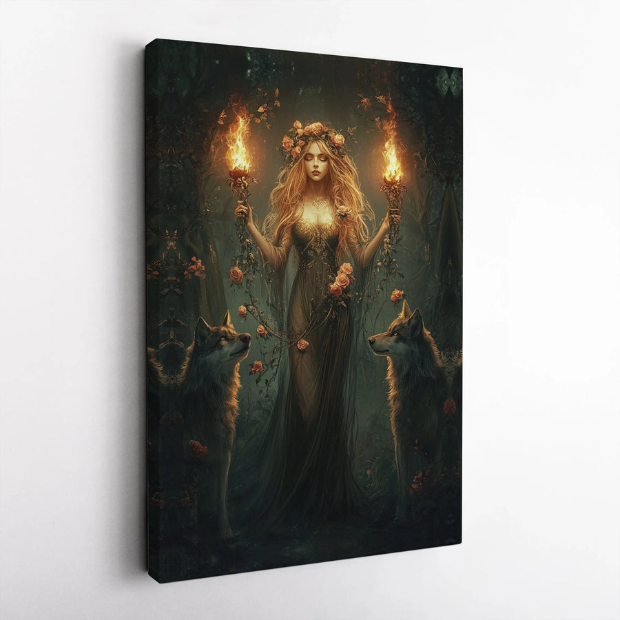 Goddess and Wolves Canvas Print | Dark Fantasy Forest Illustration | Premium Gallery Quality Canvas | Collector's Gift for Fantasy Art Lover