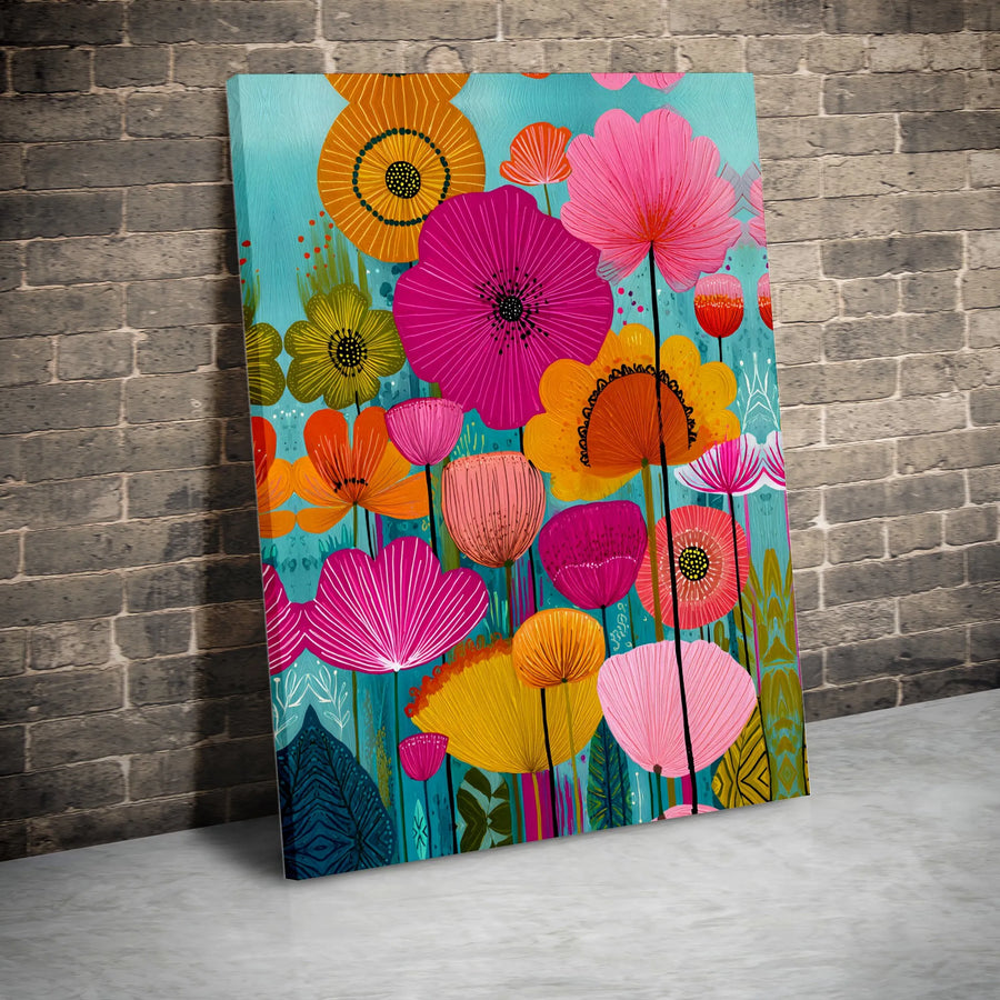 Vibrant Floral Canvas Art | Colorful Retro Botanical Illustration | Premium Gallery Wrapped Canvas | Modern Home Decor Gift