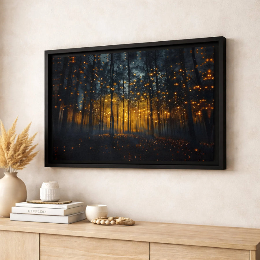 Enchanted Forest Canvas Wall Art | Glowing Fireflies Landscape | Premium Gallery Wrapped Print | Nature Home Decor Gift for Nature Lovers