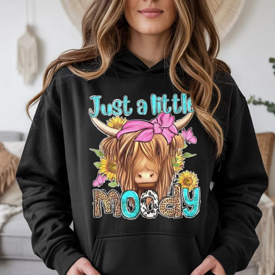 Just A Little Moody Highland Cow Hoodie | Floral Leopard Farmhouse Graphic | Premium Cotton Blend | Funny Country Western Gift For Her