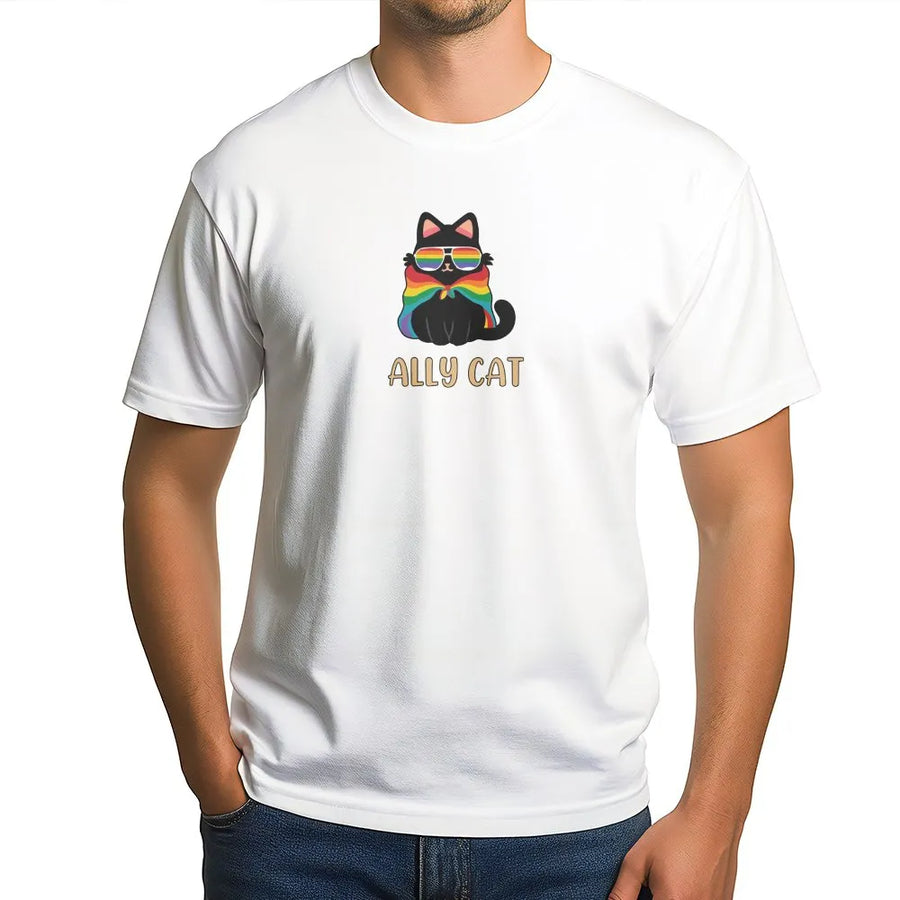 Ally Cat Pride T-Shirt | Rainbow LGBT Cat Lover Graphic | Soft 100% Cotton Premium Tee | Unique LGBTQ Support Gift for Men and Women