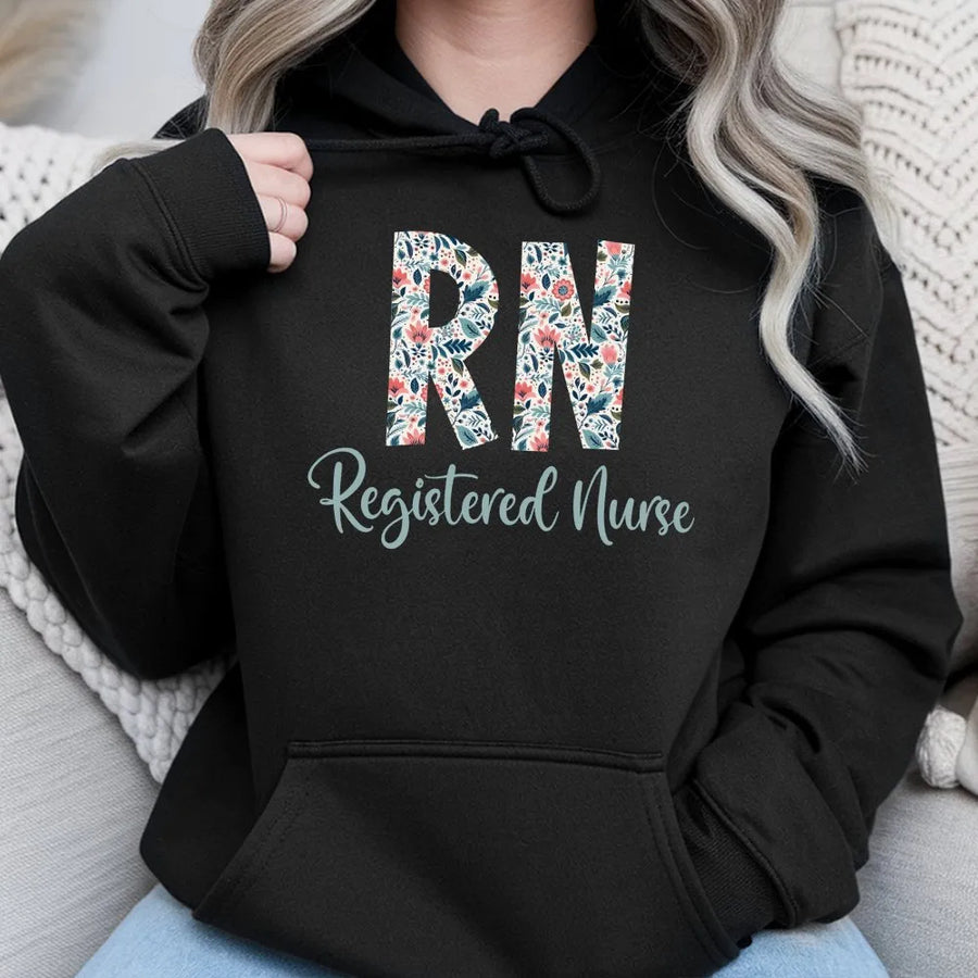 Registered Nurse Hoodie | Floral RN Lettering Design | Soft Cotton Tee | Premium Gift for Nursing School Graduate