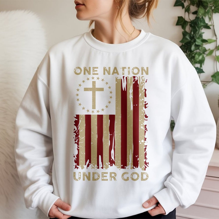 One Nation Under God Sweatshirt | Patriotic American Flag Cross Design | Premium Cotton Blend Unisex Pullover | Faith and Freedom Christian Gift