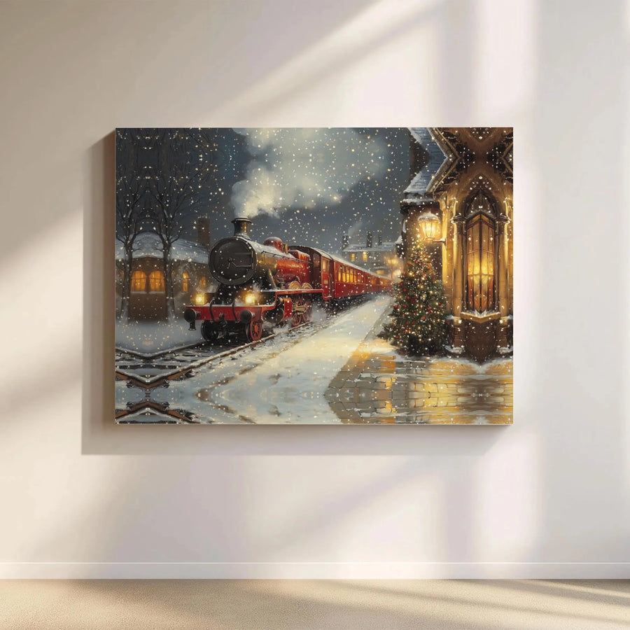 Christmas Steam Train Canvas Art | Snowy Railway Station Decor | Premium Gallery Wrap Print | Festive Holiday Wall Art Gift