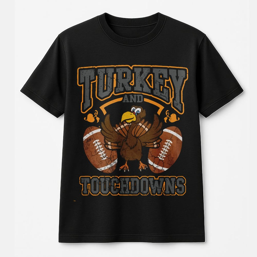 Turkey and Touchdowns T-Shirt | Funny Thanksgiving Football Graphic Tee | 100% Cotton Premium Comfort | Thanksgiving Gift for Football Fans