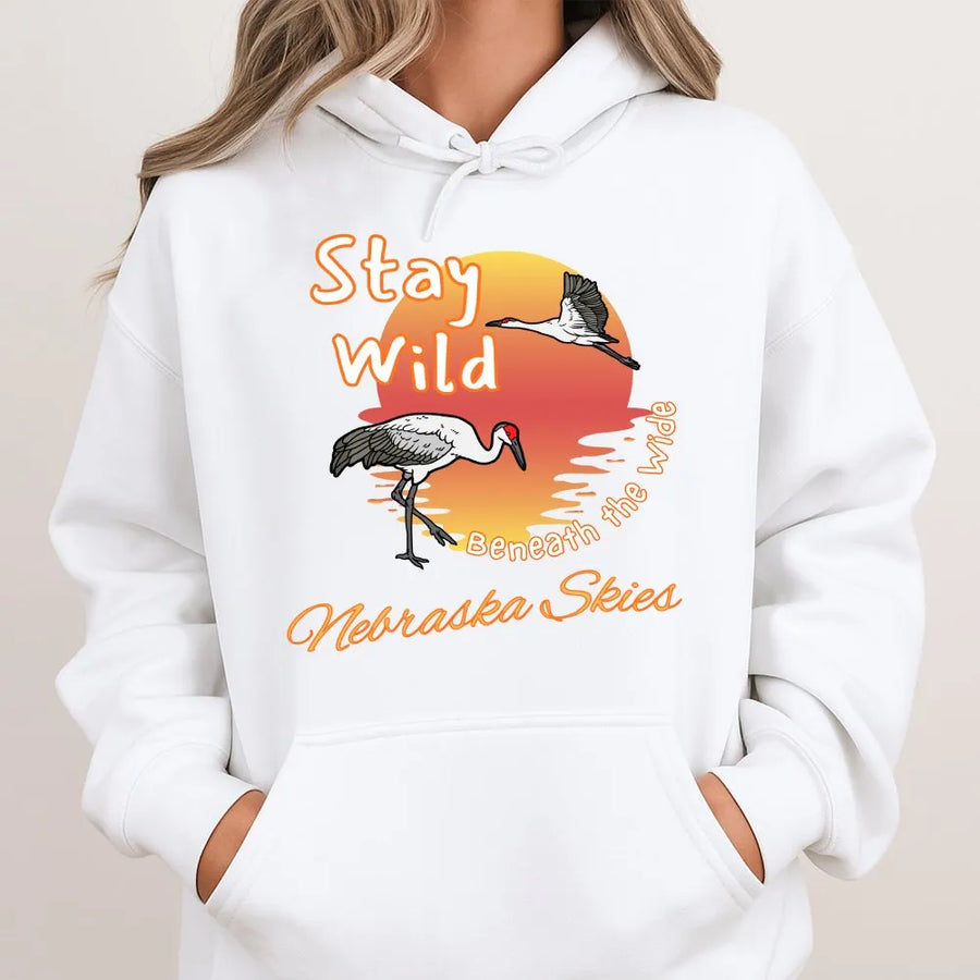 Nebraska Sandhill Crane Hoodie | Stay Wild Sunset Graphic | Premium Cotton Tee | Gift for Nature Lover