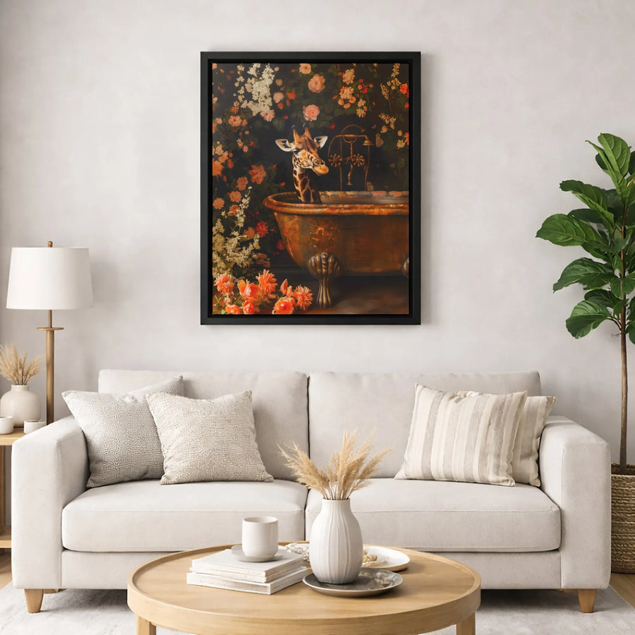 Giraffe In Bathtub Wall Art | Floral Moody Bathroom Decor | Premium Gallery Wrap Canvas | Unique Animal Lover Gift