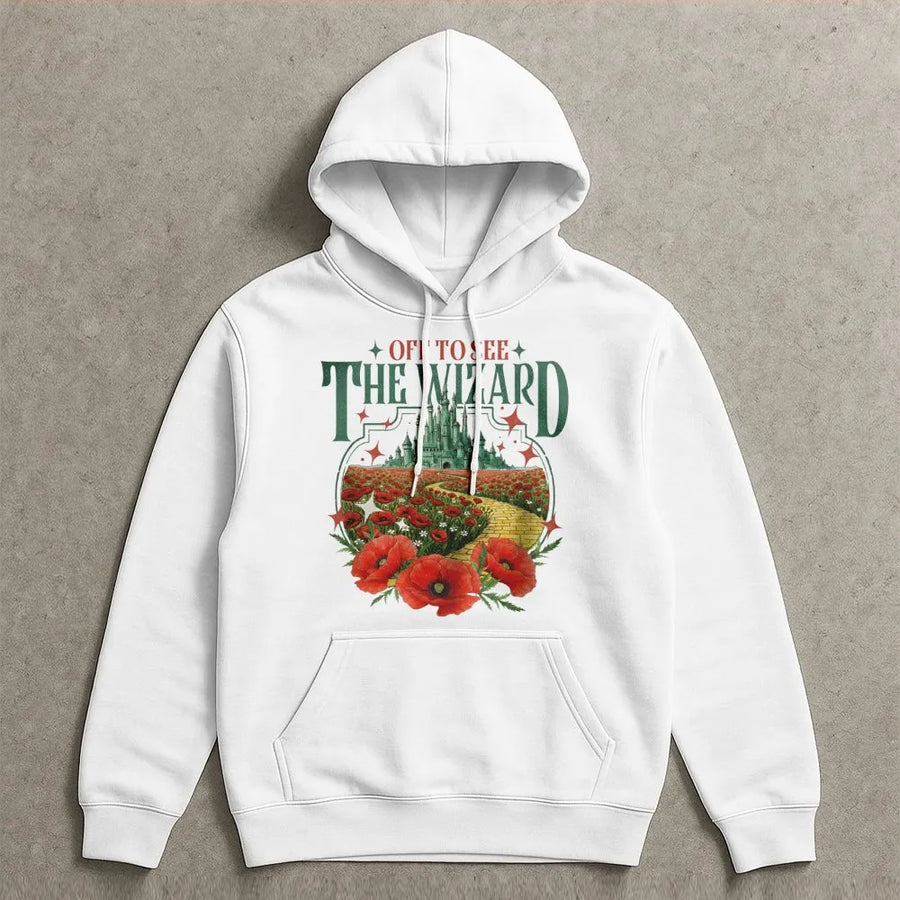 Wizard City Graphic Hoodie | Yellow Brick Road Poppy Field Art | Premium Cotton Blend | Retro Fantasy Book Lover Gift