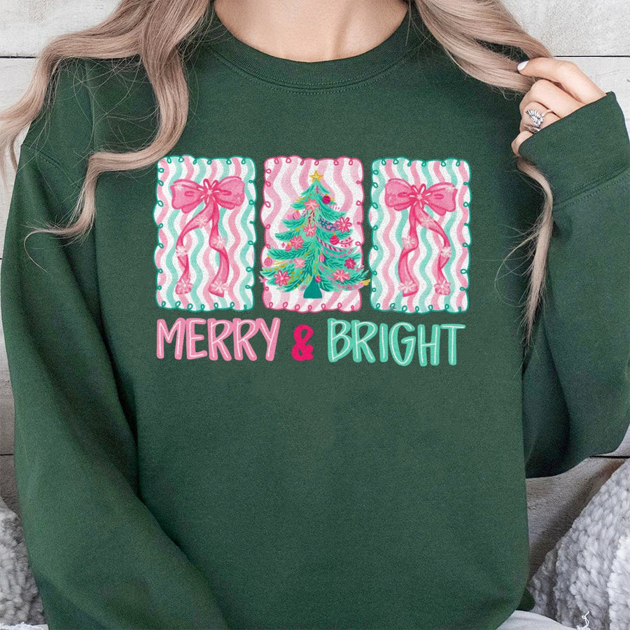 Merry and Bright Christmas Sweatshirt | Cute Pink Bow Tree Graphic | Premium Cotton Blend Crewneck | Festive Holiday Gift for Women