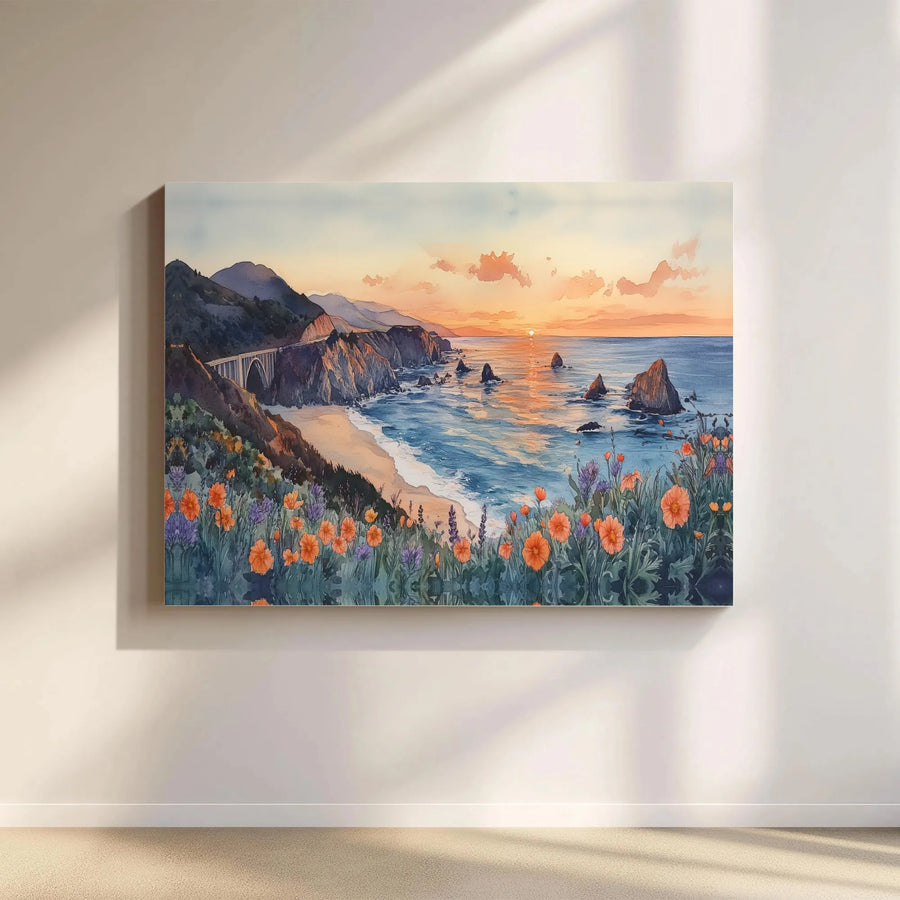 Big Sur Canvas Wall Art | Watercolor Bixby Bridge Sunset Painting | Premium Fade-Resistant Print | Living Room & Office Decor Gift