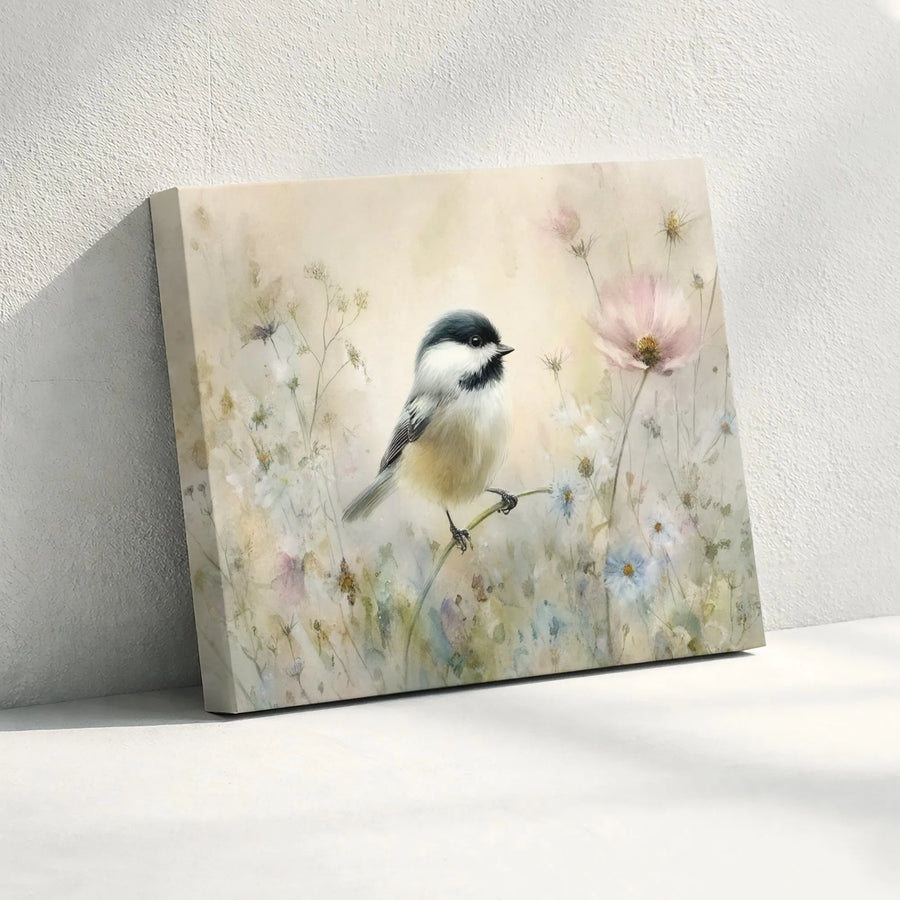 Chickadee Canvas Wall Art | Watercolor Bird & Wildflower Painting | Premium Gallery Canvas | Cottagecore Nature Decor Gift