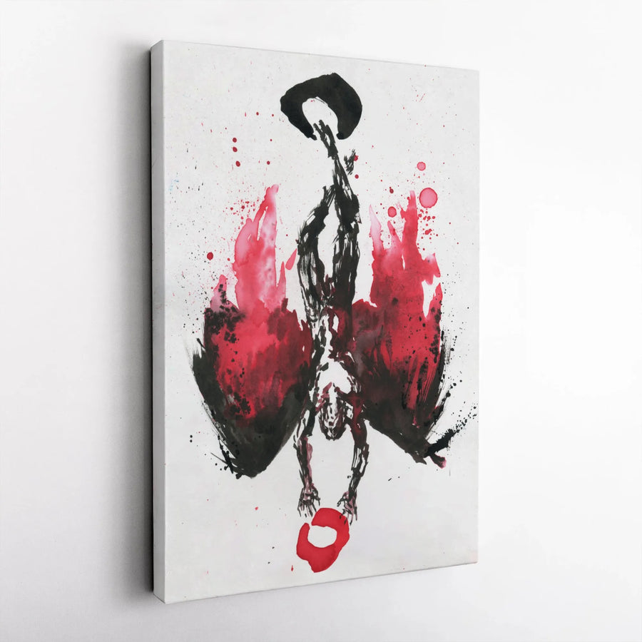 Fallen Angel Canvas Wall Art | Red Ink Wash Abstract Print | Premium Gallery Wrapped Decor | Dark Fantasy Gothic Home Office Gift
