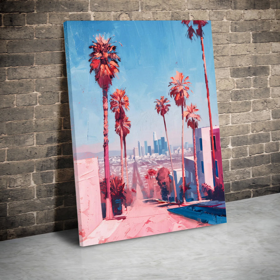 Los Angeles Cityscape Wall Art | Painterly Palm Tree Street View | Premium Gallery-Wrapped Canvas | Modern California Home Decor Gift