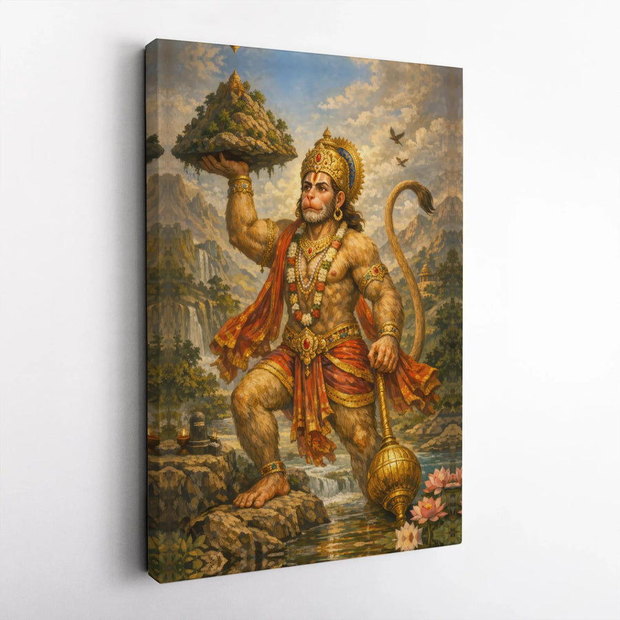 Hanuman Canvas Wall Art | Hindu God Carrying Dronagiri Mountain | Premium High-Resolution Print | Spiritual Gift & Home Decor