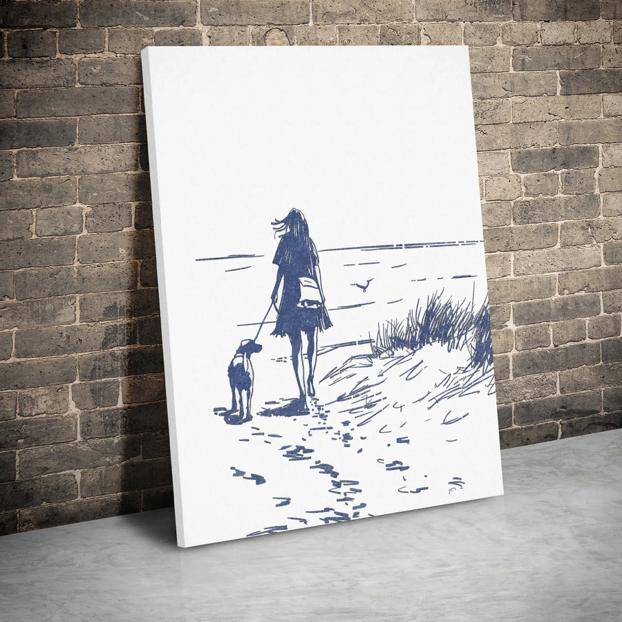 Woman Walking Dog Canvas Art | Coastal Beach Sketch Wall Decor | Premium 1.25 Gallery Wrap | Aesthetic Gift for Dog Lovers