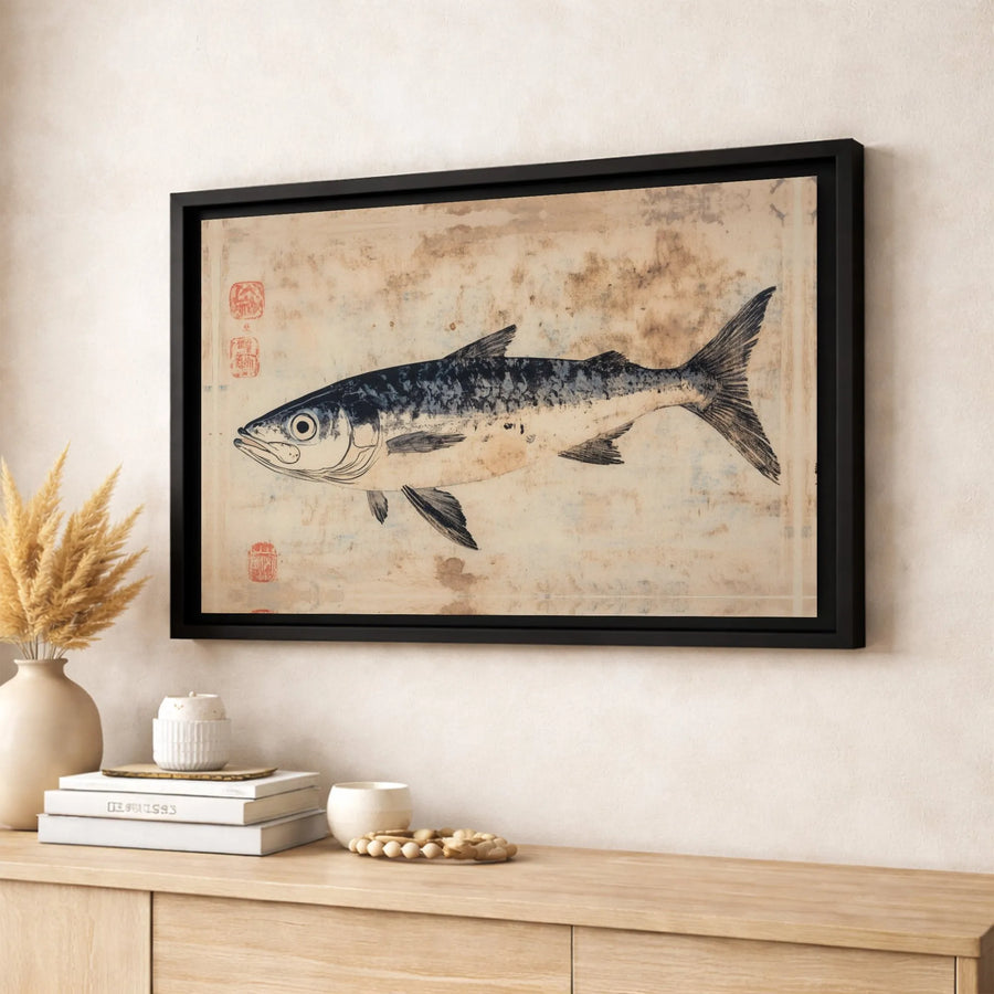 Japanese Gyotaku Fish Canvas Print | Vintage Style Fishing Wall Art | Premium Gallery Wrapped Decor | Unique Gift for Fisherman & Nautical Home