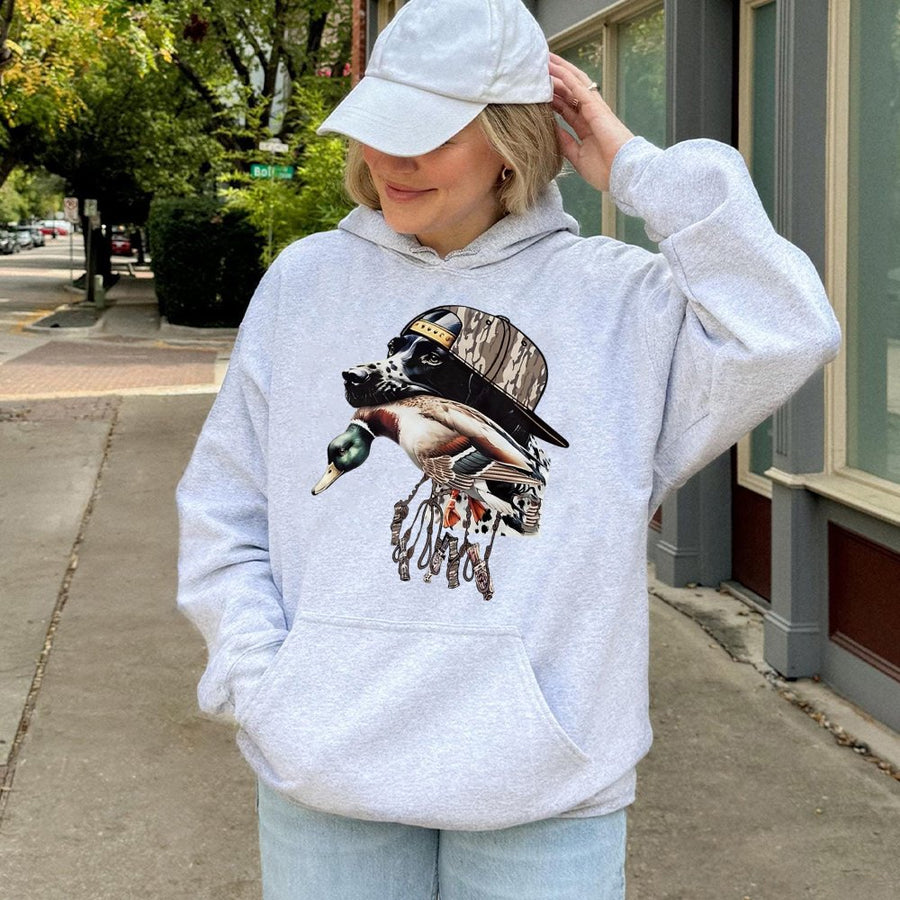 Duck Hunting Dog Hoodie | Camo Hat Sporting Dog Graphic | Premium Cotton Blend | Gift For Waterfowl Hunters Outdoorsmen