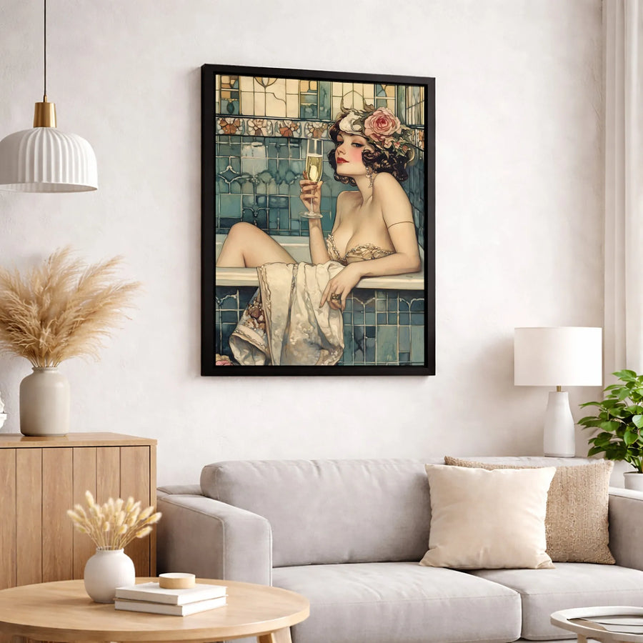 Art Deco Woman Bathing Canvas | Vintage Champagne & Rose Floral Print | Premium 1.25-inch Gallery Wrapped Art | Elegant Home & Bathroom Decor