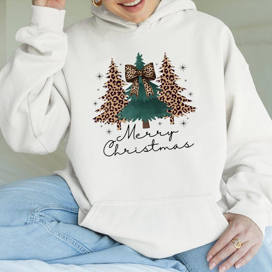 Leopard Print Christmas Tree Hoodie | Coquette Bow Holiday Graphic | Soft Cotton Blend Sweatshirt | Cute Xmas Gift For Her Women