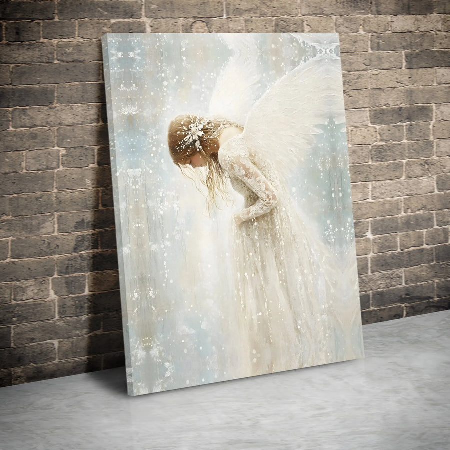 Serene Angel Wall Art | Ethereal Woman in White Lace Gown | Premium Gallery-Wrapped Canvas | Spiritual Home Decor Gift